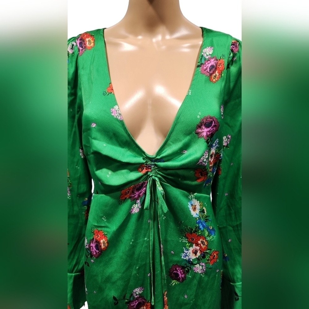 Anthropologie Free People women's green floral ruched front bell sleeve dress M - Picture 2 of 8
